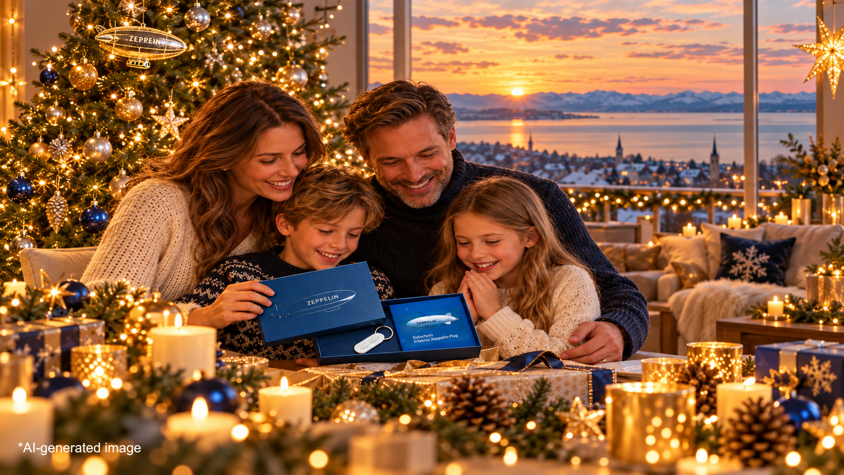 AI-generated image: A family is delighted to receive a voucher for a Zeppelin sightseeing flight for Christmas