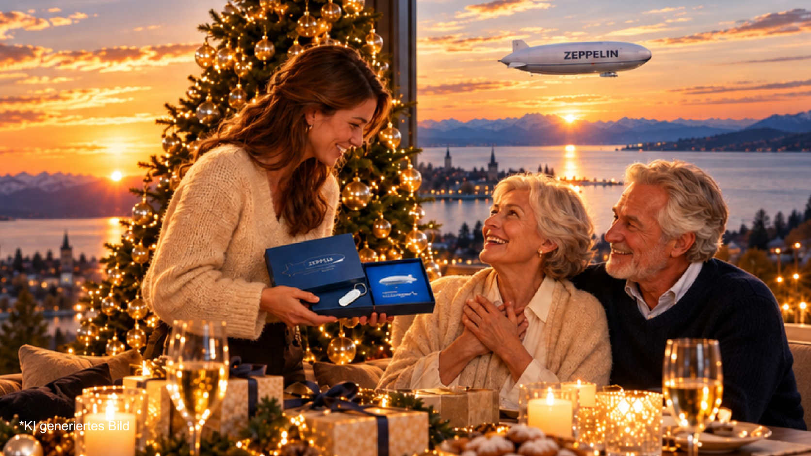 KI-generiertes Bild: Familie freut sich über einen Gutschein für einen Zeppelin-Rundflug zu Weihnachten