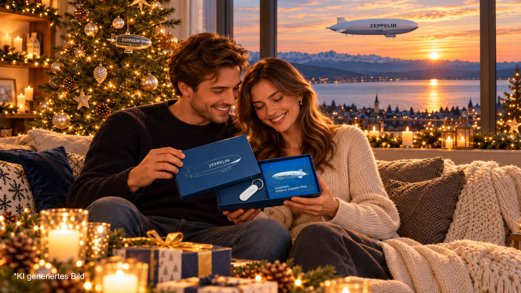 KI-generiertes Bild: Paar freut sich über einen Gutschein für einen Zeppelin-Rundflug zu Weihnachten