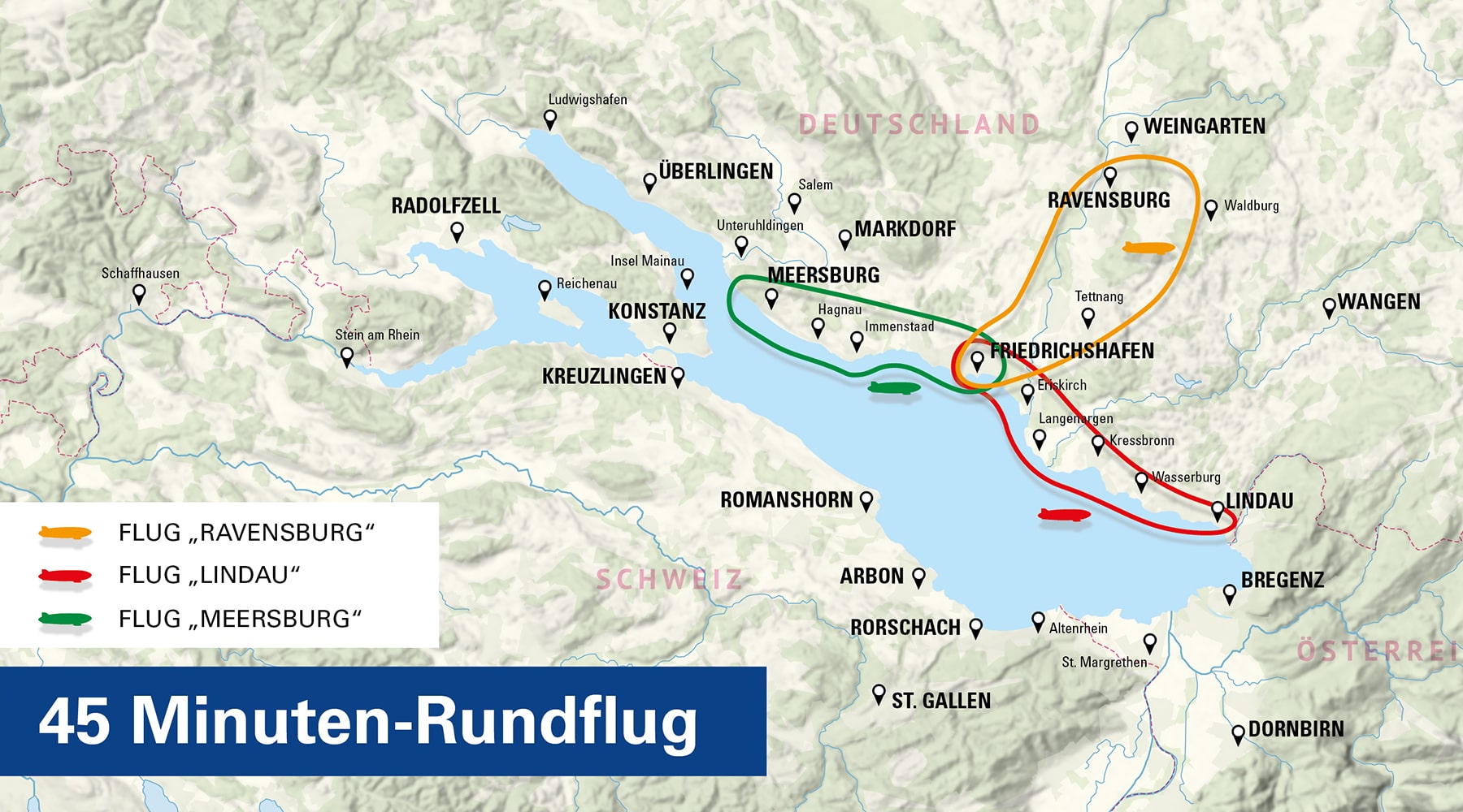 Landkarte mit der Flugroute Ravensburg